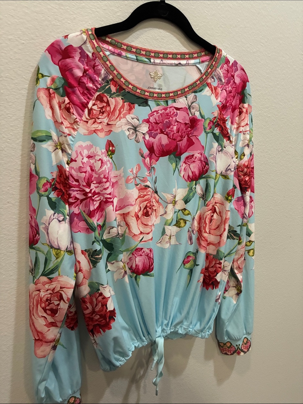 Johnny Was Active Floral Drawstring Hem Long-Sleeve Top - Mint Blue & Pink - Picture 6 of 8